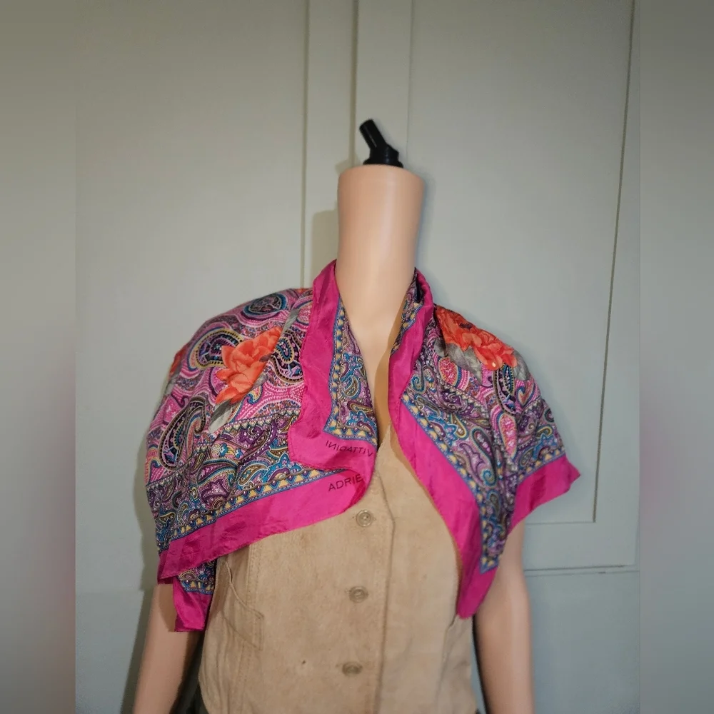 Adrienne Vittadini 100% Silk Paisley Floral Scarf Wrap Shawl. Magenta Pink Multi